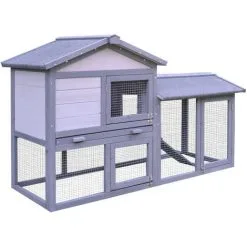 PawHut Clapier Cage à Lapins Rongeurs 2 Niveaux 3 Portes Verrouillables Tiroir à Déjection Toit Intégral Bitumé 147L X 54l X 84H Cm Bois Massif Pin Gris Blanc - Gris