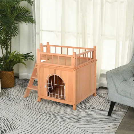 PawHut Maison Lodge - Niche Villa Avec Terrasse Escalier Et Porte Pour Chien Chat - Dim. 73L X 55l X 65H Cm - Bois Massif De Pin Pré-huilé - Beige 2 PawHut Maison Lodge - Niche Villa Avec Terrasse Escalier Et Porte Pour Chien Chat - Dim. 73L X 55l X 65H Cm - Bois Massif De Pin Pré-huilé - Beige – Image 2