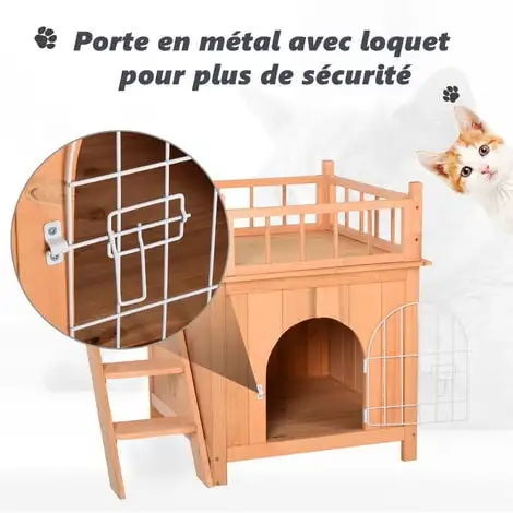 PawHut Maison Lodge - Niche Villa Avec Terrasse Escalier Et Porte Pour Chien Chat - Dim. 73L X 55l X 65H Cm - Bois Massif De Pin Pré-huilé - Beige 4 PawHut Maison Lodge - Niche Villa Avec Terrasse Escalier Et Porte Pour Chien Chat - Dim. 73L X 55l X 65H Cm - Bois Massif De Pin Pré-huilé - Beige – Image 4