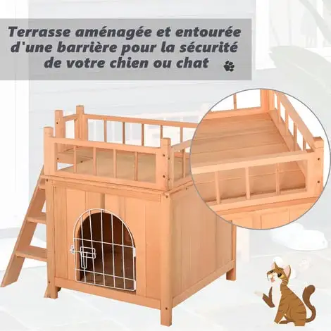 PawHut Maison Lodge - Niche Villa Avec Terrasse Escalier Et Porte Pour Chien Chat - Dim. 73L X 55l X 65H Cm - Bois Massif De Pin Pré-huilé - Beige 5 PawHut Maison Lodge - Niche Villa Avec Terrasse Escalier Et Porte Pour Chien Chat - Dim. 73L X 55l X 65H Cm - Bois Massif De Pin Pré-huilé - Beige – Image 5
