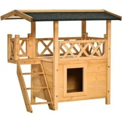 PawHut Maison Lodge - Niche Villa Avec Terrasse, Escalier, Toit Pour Chien Chat - Dim. 77L X 50l X 73H Cm - Bois Massif De Pin Pré-huilé