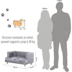 PawHut Canapé Chien Lit Pour Chien Chat Avec Accoudoirs Coussin Moelleux Pieds Bois Massif Dim. 68 X 41 X 32 Cm Revêtement Synthétique Gris -PawHut Soldes Boutique 17919638 3