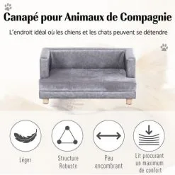 PawHut Canapé Chien Lit Pour Chien Chat Avec Accoudoirs Coussin Moelleux Pieds Bois Massif Dim. 68 X 41 X 32 Cm Revêtement Synthétique Gris -PawHut Soldes Boutique 17919638 4