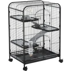 PawHut Cage Pour Petits Animaux Roulante 3 Rampes 3 Plates-formes Plat Et Bouteille D'Eau Bac Inférieur Amovible Acier PP Noire - Noir
