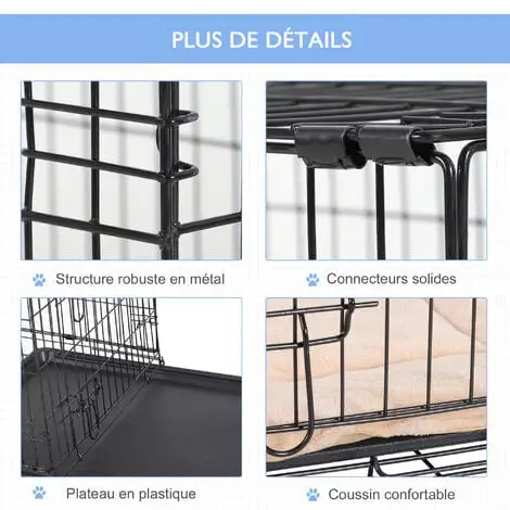PawHut Cage De Transport Pliante Pour Chien Poignée, Plateau Amovible, Coussin Fourni 76 X 53 X 57 Cm Noir - Noir 4 PawHut Cage De Transport Pliante Pour Chien Poignée, Plateau Amovible, Coussin Fourni 76 X 53 X 57 Cm Noir - Noir – Image 4