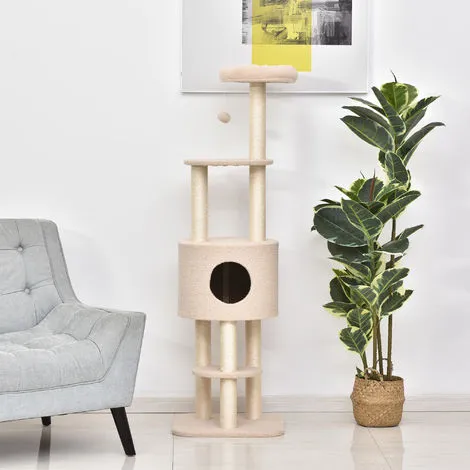 PawHut Arbre à Chats Avec Griffoir Niche Poteaux Peluche Haute Densité 45L X 40L X 148H Cm Beige 2 PawHut Arbre à Chats Avec Griffoir Niche Poteaux Peluche Haute Densité 45L X 40L X 148H Cm Beige – Image 2