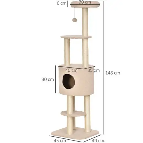 PawHut Arbre à Chats Avec Griffoir Niche Poteaux Peluche Haute Densité 45L X 40L X 148H Cm Beige 3 PawHut Arbre à Chats Avec Griffoir Niche Poteaux Peluche Haute Densité 45L X 40L X 148H Cm Beige – Image 3