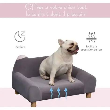 PawHut Canapé Chien Lit Pour Chien Design Dossier Oreilles Pieds Bois Massif Dim. 63 X 43 X 31 Cm Velours Gris - Gris 5 PawHut Canapé Chien Lit Pour Chien Design Dossier Oreilles Pieds Bois Massif Dim. 63 X 43 X 31 Cm Velours Gris - Gris – Image 5