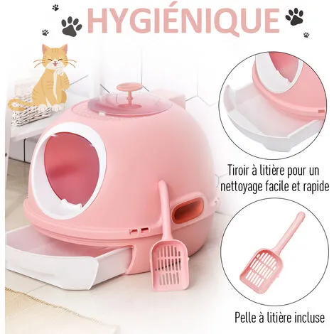 PawHut Maison De Toilette Portable Pour Chat Tiroir à Litière Coulissant Porte Battante Lucarne + Pelle Fournis Dim. 47L X 55l X 44H Cm Rose - Rose 5 PawHut Maison De Toilette Portable Pour Chat Tiroir à Litière Coulissant Porte Battante Lucarne + Pelle Fournis Dim. 47L X 55l X 44H Cm Rose - Rose – Image 5