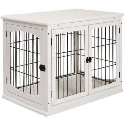 PawHut Cage Pour Chien Animaux Cage En Bois MDF Classe E1 3 Portes Verrouillables Max. 30 Kg Dim. 81L X 58l X 66H Cm Blanc Noir - Blanc