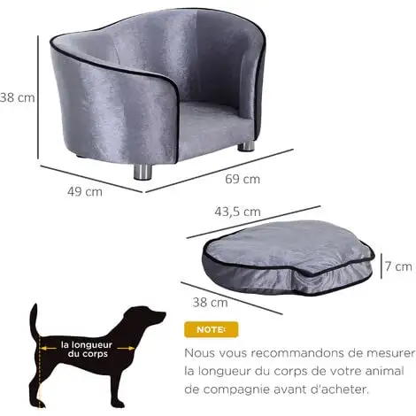 PawHut Canapé/lit Pour Chien/chat Canapé Animaux Avec Accoudoir Et Dossier 69x49x38cm - Gris 3 PawHut Canapé/lit Pour Chien/chat Canapé Animaux Avec Accoudoir Et Dossier 69x49x38cm - Gris – Image 3
