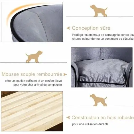 PawHut Canapé/lit Pour Chien/chat Canapé Animaux Avec Accoudoir Et Dossier 69x49x38cm - Gris 4 PawHut Canapé/lit Pour Chien/chat Canapé Animaux Avec Accoudoir Et Dossier 69x49x38cm - Gris – Image 4