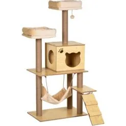 PawHut Arbre à Chats Design Contemporain Griffoirs Grattoirs Sisal Naturel Niche Plate-formes Hamac Boule Panneaux Particules Beige - Beige