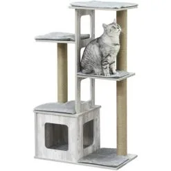 PawHut Arbre à Chats Design Contemporain Griffoirs Grattoirs Sisal Naturel Niche Plate-formes 6 Coussins MDF Bois Gris - Gris