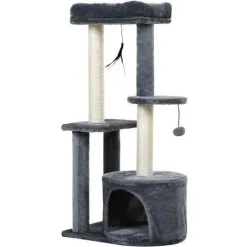 PawHut Arbre à Chats Avec Griffoirs Grattoirs Sisal Naturel Centre D'activités Niche Plateformes 2 Jouets Suspendus Gris