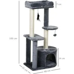 PawHut Arbre à Chats Avec Griffoirs Grattoirs Sisal Naturel Centre D'activités Niche Plateformes 2 Jouets Suspendus Gris -PawHut Soldes Boutique 28400882 3