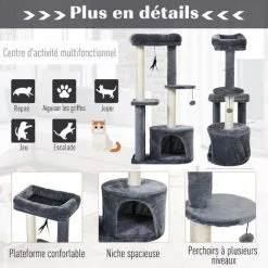 PawHut Arbre à Chats Avec Griffoirs Grattoirs Sisal Naturel Centre D'activités Niche Plateformes 2 Jouets Suspendus Gris -PawHut Soldes Boutique 28400882 4