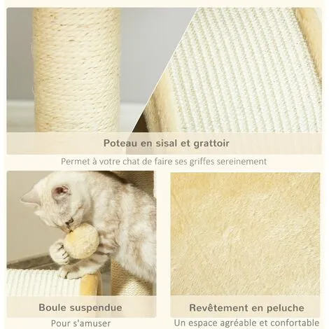 PawHut Arbre à Chat Griffoir Grattoir Design Jeu Boule Suspendue + Plateforme Peluche Sisal Naturel Beige - Beige 4 PawHut Arbre à Chat Griffoir Grattoir Design Jeu Boule Suspendue + Plateforme Peluche Sisal Naturel Beige - Beige – Image 4