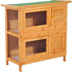 PawHut Clapier à Lapin Cage à Lapin Double Niveau Plateaux Coulissants 4 Portes Verrouillables Toit Ouvrant 90L X 45l X 90H Cm - Marron