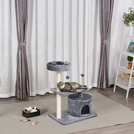 PawHut Arbre à Chats Griffoir Sisal Naturel Centre D'activités Niche Plateformes Jeu Boule Suspendue Et à Ressort Gris - Gris 4 PawHut Arbre à Chats Griffoir Sisal Naturel Centre D'activités Niche Plateformes Jeu Boule Suspendue Et à Ressort Gris - Gris – Image 4