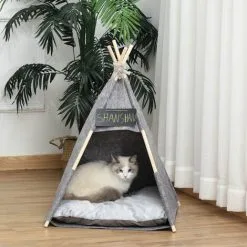 PawHut Tente Tipi Pour Animaux - Teepee Chat Ou Chien - Coussin épais Grand Confort Inclus - Structure Bois De Pin Feutre Peluche PV Gris -PawHut Soldes Boutique 33749251 4