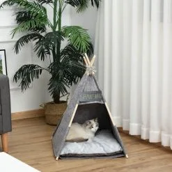 PawHut Tente Tipi Pour Animaux - Teepee Chat Ou Chien - Coussin épais Grand Confort Inclus - Structure Bois De Pin Feutre Peluche PV Gris -PawHut Soldes Boutique 33749251 5