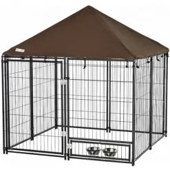 PawHut Chenil Extérieur Pour Chiens En Métal Et Tissu Oxford Avec Support Gamelle Et Toit Résistant Aux Intempéries Espace Spacieux 141 X 141 X 121 Cm Noir - Noir