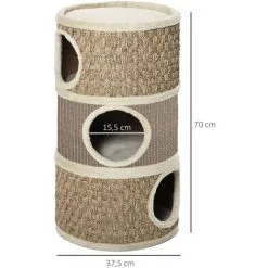 PawHut Arbre à Chat Cylindrique - Tour à Griffer Pour Chat - Arbre à Chat Tour - Tonneau Griffoir - 3 Niches + Plateforme - Sisal Corde D'algues Beige -PawHut Soldes Boutique 37157871 3