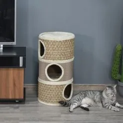 PawHut Arbre à Chat Cylindrique - Tour à Griffer Pour Chat - Arbre à Chat Tour - Tonneau Griffoir - 3 Niches + Plateforme - Sisal Corde D'algues Beige -PawHut Soldes Boutique 37157871 4