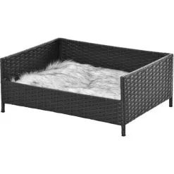PawHut Canapé Chien Chat Style Cosy Chic Avec Coussin Aspect Fourrure Blanc Gris - Dim. 61L X 46l X 24H Cm - Résine Tressée Noire