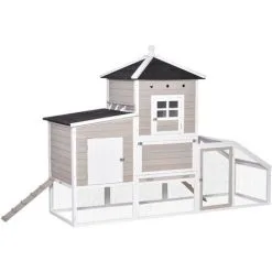PawHut Poulailler Cottage Cage à Poules Sur Pied Dim. 235L X 83l X 171H Cm Multi-équipement Toits Bitumés Bois Sapin Blanc Gris