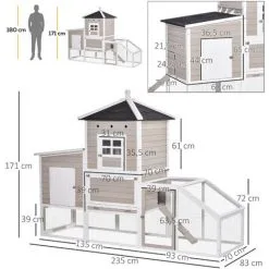 PawHut Poulailler Cottage Cage à Poules Sur Pied Dim. 235L X 83l X 171H Cm Multi-équipement Toits Bitumés Bois Sapin Blanc Gris -PawHut Soldes Boutique 38154194 3