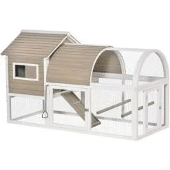 PawHut Poulailler Cottage Cage à Poules Sur Pied Dim. 167L X 109l X 100H Cm Multi-équipement Bois Sapin Blanc Gris - Gris