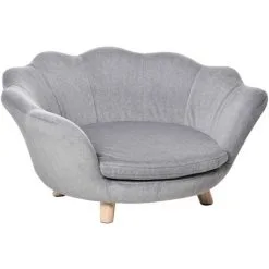PawHut Canapé Chien Lit Pour Chien Design Contemporain Coquillage Coussin Moelleux Amovible Piètement Bois De Pin Gris