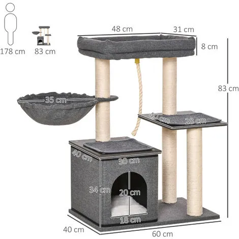 PawHut Arbre à Chat Avec Griffoir En Sisal Niche Lit Pour Chat Hamac Corde D'escalade Plateformes Panneaux Particules Coussins Gris - Gris 3 PawHut Arbre à Chat Avec Griffoir En Sisal Niche Lit Pour Chat Hamac Corde D'escalade Plateformes Panneaux Particules Coussins Gris - Gris – Image 3
