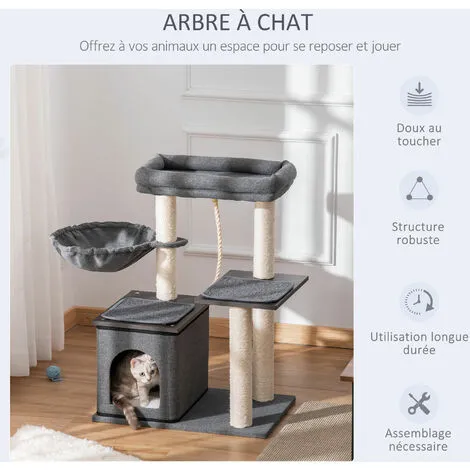 PawHut Arbre à Chat Avec Griffoir En Sisal Niche Lit Pour Chat Hamac Corde D'escalade Plateformes Panneaux Particules Coussins Gris - Gris 4 PawHut Arbre à Chat Avec Griffoir En Sisal Niche Lit Pour Chat Hamac Corde D'escalade Plateformes Panneaux Particules Coussins Gris - Gris – Image 4