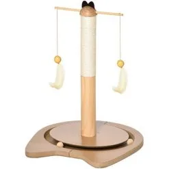 PawHut Poteau à Griffer Pour Chat - Poteau à Chat En Sisal Avec Jeu 2 Boules Et 2 Plumes Suspendues Rotatives MDF Aspect Bois