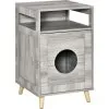 PawHut Maison De Toilette Pour Chat Espace De Rangement Porte Magnétique Pieds Bois De Pin Dim. 48L X 53l X 79H Cm Aspect Bois Gris