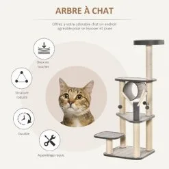 PawHut Arbre à Chats Multi-équipements H130 Cm Griffoirs Grattoirs Plateformes Tunnel Jeu Boules Suspendues Polyester Gris - Gris -PawHut Soldes Boutique 42502411 4