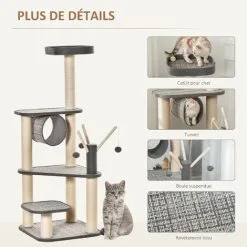 PawHut Arbre à Chats Multi-équipements H130 Cm Griffoirs Grattoirs Plateformes Tunnel Jeu Boules Suspendues Polyester Gris - Gris -PawHut Soldes Boutique 42502411 5