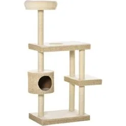 PawHut Arbre à Chats Style Cosy Chic H135 Cm Griffoirs Sisal Naturel Niche Plateformes Peluche Courte Bicolore Beige Café