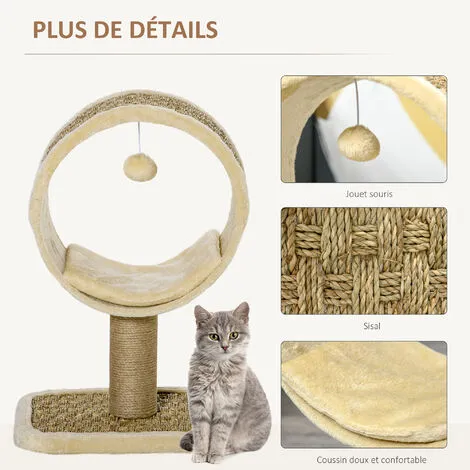 PawHut Arbre à Chat Rond Style Cosy Chic Griffoir Grattoirs Sisal Jeu Suspendu Souris Niche Avec Coussin Cordes D'algues Tressées Peluche Courte Beige 5 PawHut Arbre à Chat Rond Style Cosy Chic Griffoir Grattoirs Sisal Jeu Suspendu Souris Niche Avec Coussin Cordes D'algues Tressées Peluche Courte Beige – Image 5