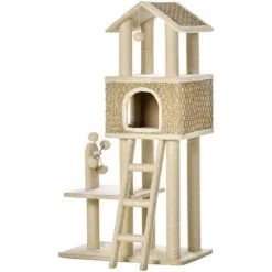 PawHut Arbre à Chats Style Cosy Chic Griffoirs Sisal Naturel Grande Niche Plateforme échelle Jeu Boules Tourniquet Peluche Courte Cordes D'algues Tressées - Beige