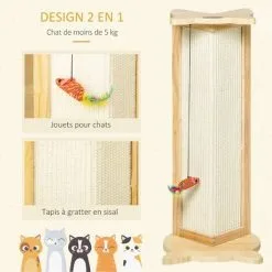 PawHut Griffoir Grattoir Design Tête De Chat - Jouet Souris Suspendue Intégré - Griffoir D'angle Polyvalent - Sisal Naturel Bois De Pin - Beige -PawHut Soldes Boutique 44066374 4