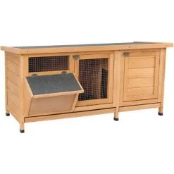 PawHut Clapier Sur Pieds - Cage à Lapin - 2 Plateaux Coulissants à Excrément, 2 Portes Verrouillables, Toit Bitumé Ouvrant, Râtelier à Foin - Bois Sapin Pré-huilé - Orange