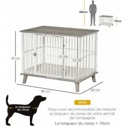 PawHut Cage Pour Chien Animaux Sur Pied - Dim. 86L X 60l X 70H Cm - Grand Coussin Peluche Courte Inclus - Porte Verrouillable - Acier Blanc Panneaux Particules Aspect Bois Gris - Gris -PawHut Soldes Boutique 45847812 3