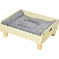 PawHut Canapé Panier Design Chien Chat Dim. 65L X 53l X 25H Cm Piètement Bois De Pin Coussin Gris Peluche Douce Inclus MDF Aspect Bois Clair - Beige