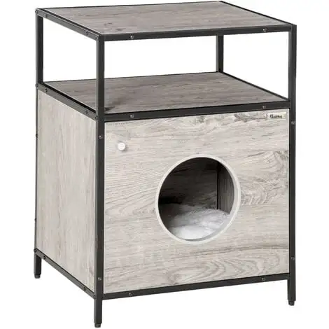 PawHut Maison De Toilette Pour Chat Style Contemporain Coussin Peluche Douce Inclus Châssis Acier Noir Aspect Bois Gris - Gris 1 PawHut Maison De Toilette Pour Chat Style Contemporain Coussin Peluche Douce Inclus Châssis Acier Noir Aspect Bois Gris - Gris