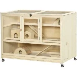 PawHut Cage XXL Pour Hamsters Souris Petits Rongeurs 3 Niveaux Multi-équipement Bascule Rampes Cottages Tiroir Excrément Roulettes Bois De Sapin Plexiglas Métal - Beige