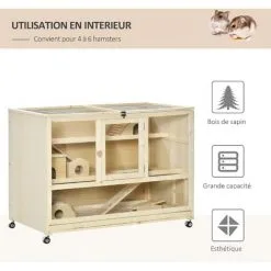 PawHut Cage XXL Pour Hamsters Souris Petits Rongeurs 3 Niveaux Multi-équipement Bascule Rampes Cottages Tiroir Excrément Roulettes Bois De Sapin Plexiglas Métal - Beige -PawHut Soldes Boutique 45847880 4